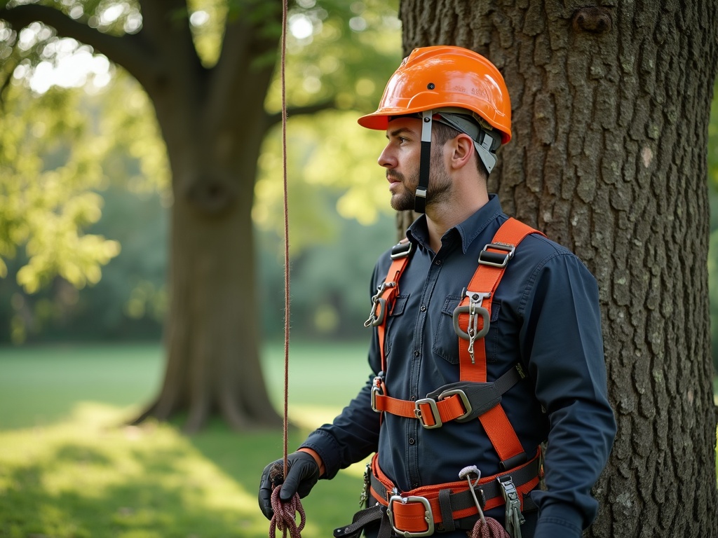 Marc Lefèvre, élagueur grimpeur en Vendée, équipé de son harnais devant un chêne
